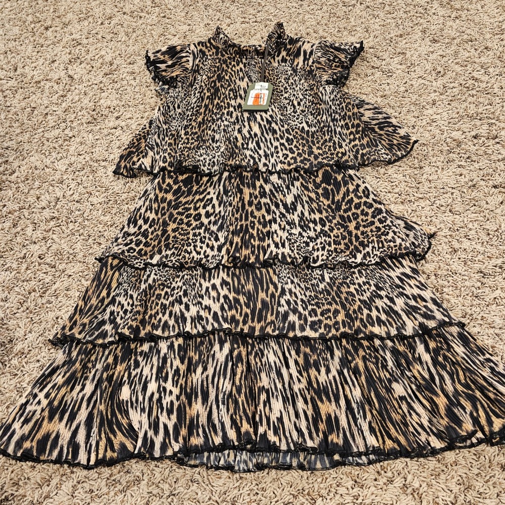 AllSaints Dress Leopard Print Tiered Pleated Cutout Back Brown 0